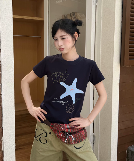아메리칸 레트로 긍정적 인 어깨 반팔 티셔츠 여성 프린트