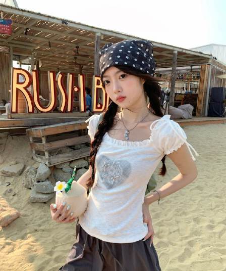 260 그램 사람들 면 모달 유럽 한 하트 프린트 나비 넥타이 반팔 티셔츠 여성 외출용 맨위 여성