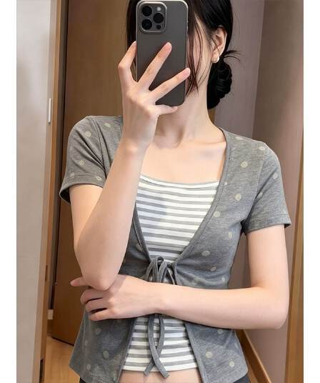 260 그램 사람들 면 모달 유럽 한 도트 무늬 긍정적 인 어깨 페이크 레이어드 반팔 티셔츠 여성 몸매 가꾸기 쇼트 스타일 스트라이프 맨위 여성