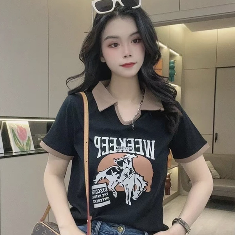 유럽 상품 POLO 셔츠 반팔 여성 여름 디자인 센스 작은 대중 패치워크 배색 슬림해 보이는 새로운 맨위 여성