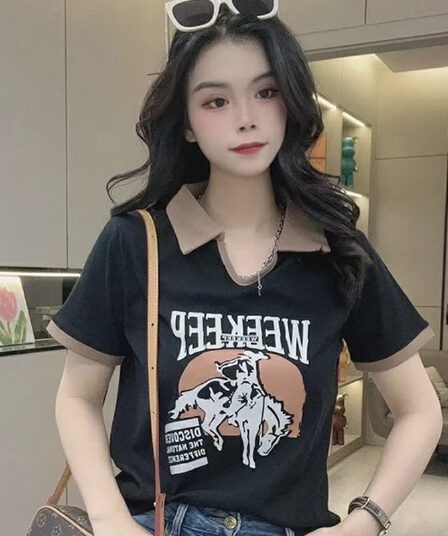 유럽 상품 POLO 셔츠 반팔 여성 여름 디자인 센스 작은 대중 패치워크 배색 슬림해 보이는 새로운 맨위 여성
