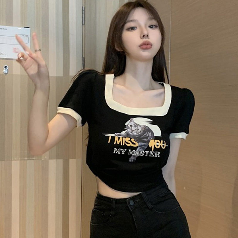 쇼트 스타일 아메리칸 레트로 몸매 가꾸기 작은 대중 프린트 검정색 광장 칼라 긍정적 인 어깨 반팔 티셔츠 맨위 새로운