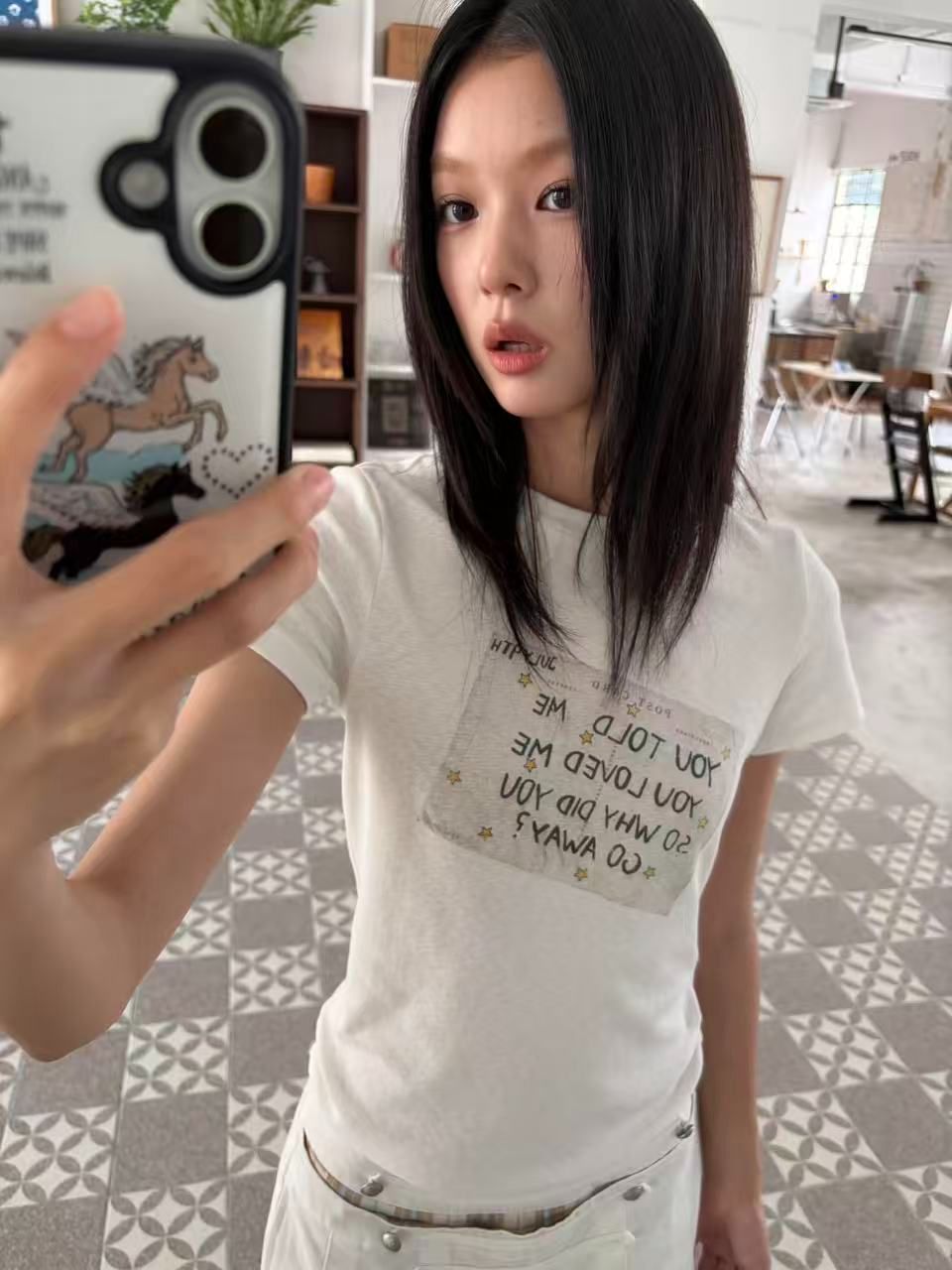 아메리칸 레트로 프린트 반팔 티셔츠 여성 여름 몸매 가꾸기 캐주얼 맨위