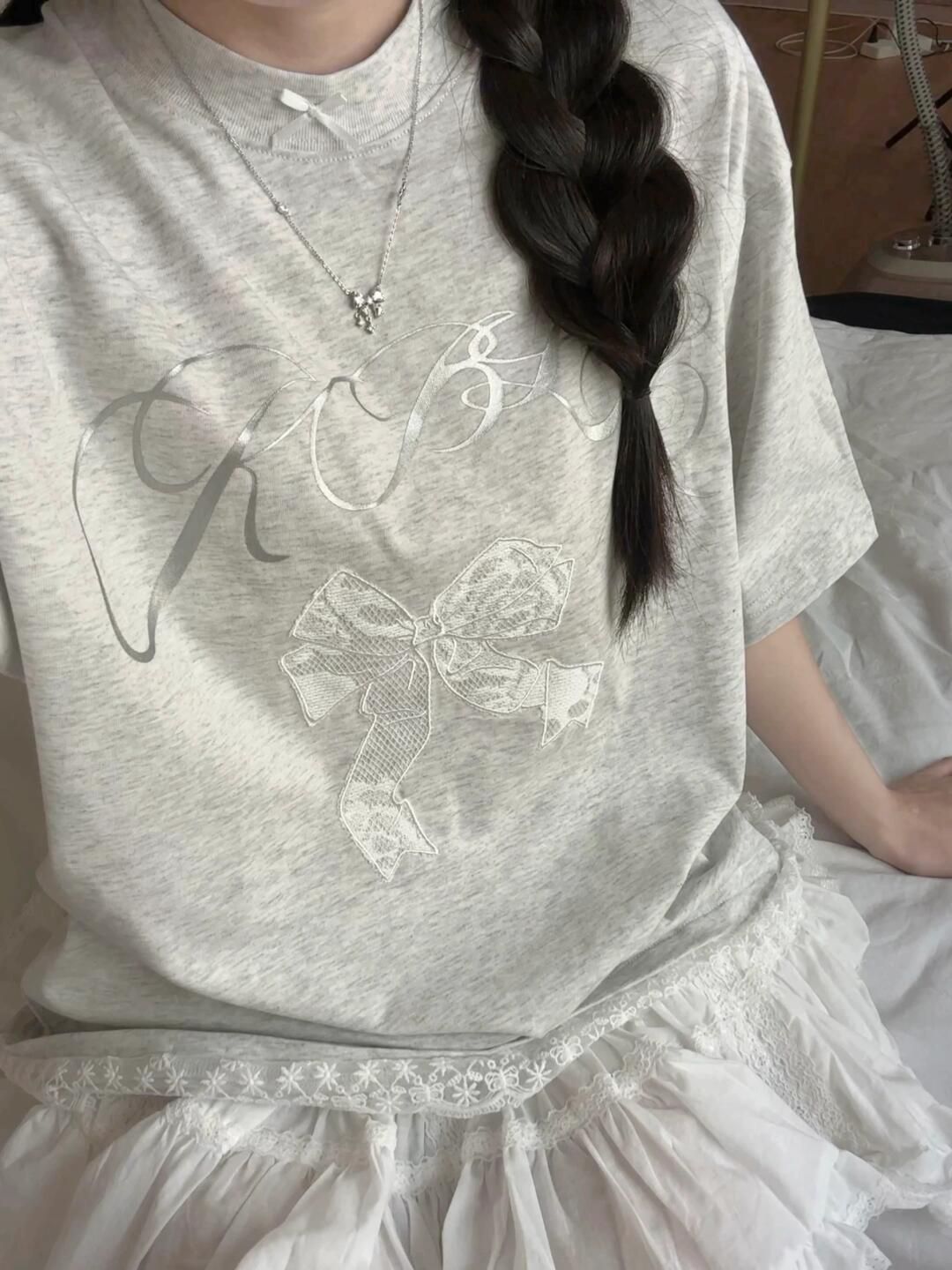 자수 레이스 나비 매듭 알파벳 프린트 맨위 루즈핏 반팔 티셔츠 여성