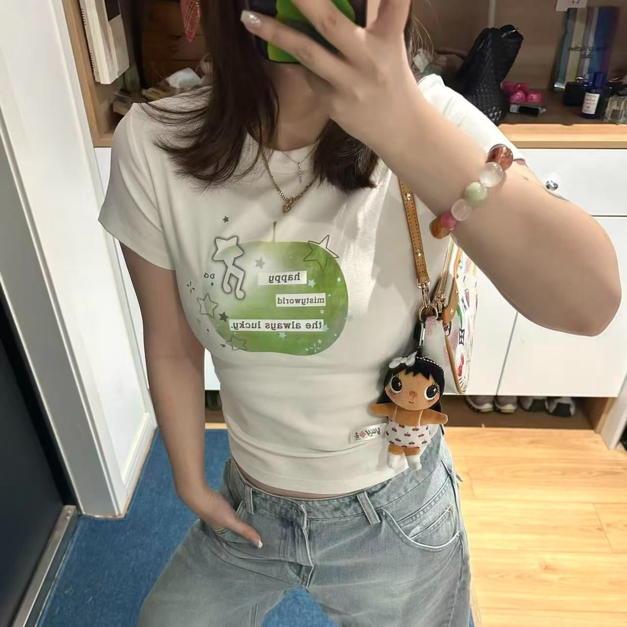 아메리칸 레트로 프린트 반팔 티셔츠 여성 여름 몸매 가꾸기 캐주얼 맨위