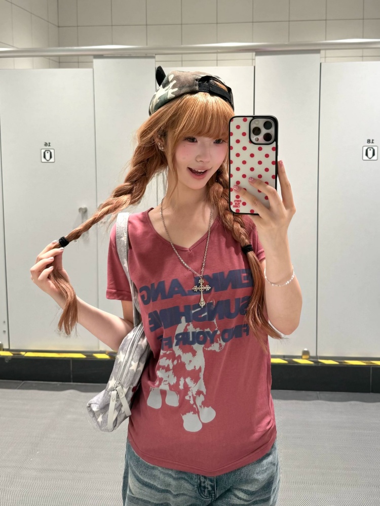 210 그램 40 좋은 면 1 1 아메리칸 레트로 작은 말 프린트 V넥 티셔츠 핫걸 바람 루즈핏 디스플레이 농땡이 부리다 맨위