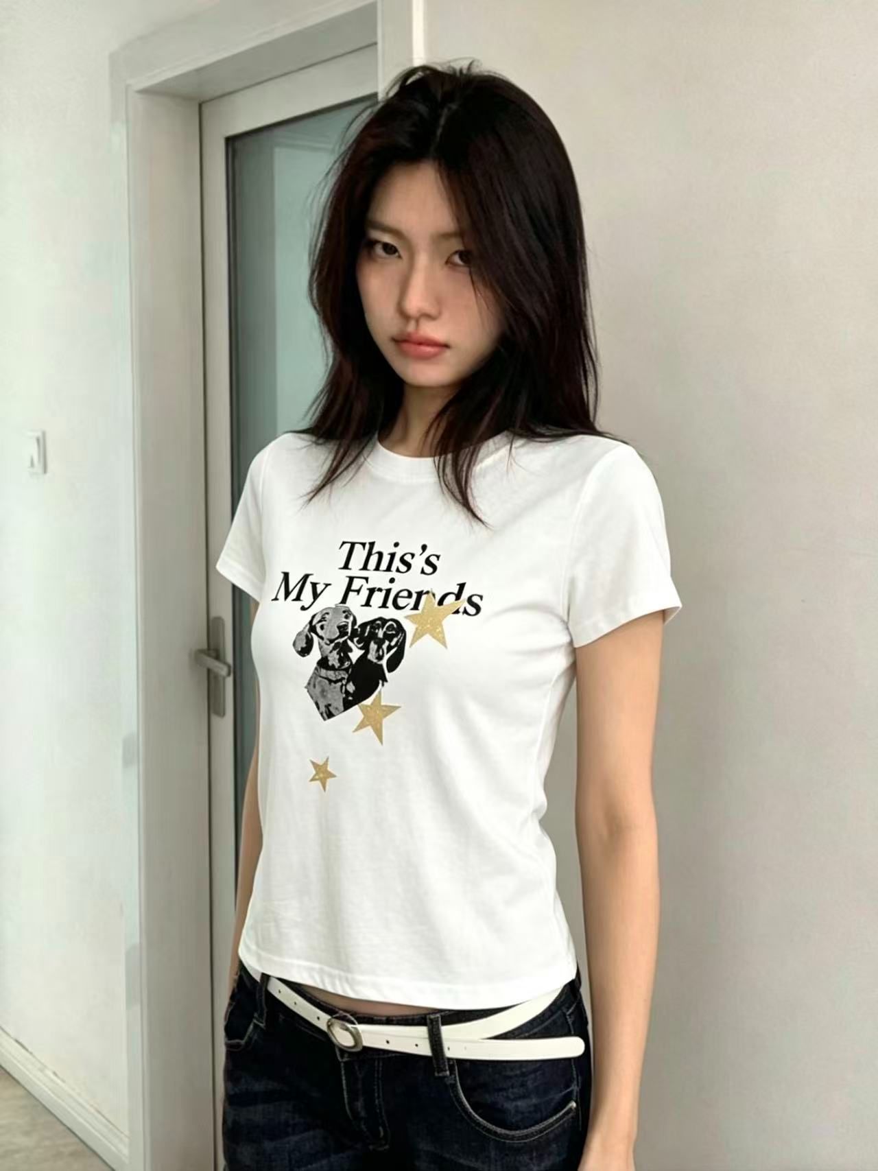 아메리칸 레트로 긍정적 인 어깨 라운드 넥 프린트 반팔 티셔츠 여성