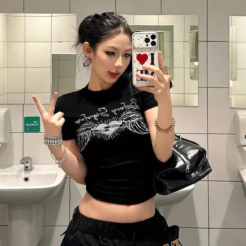 아메리칸 레트로 긍정적 인 어깨 라운드 넥 프린트 반팔 티셔츠 여성