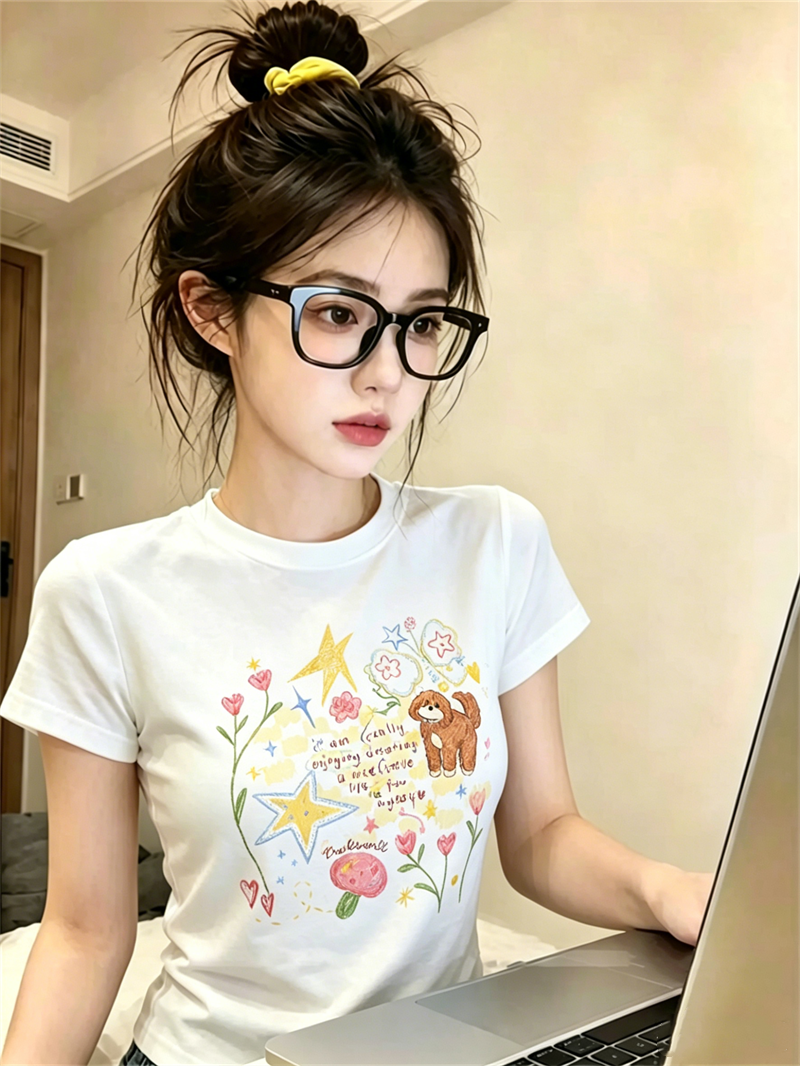 순면 40 220 그램 92 면 8 암모니아 Lun 긍정적 인 어깨 반팔 티셔츠 여성 프린트