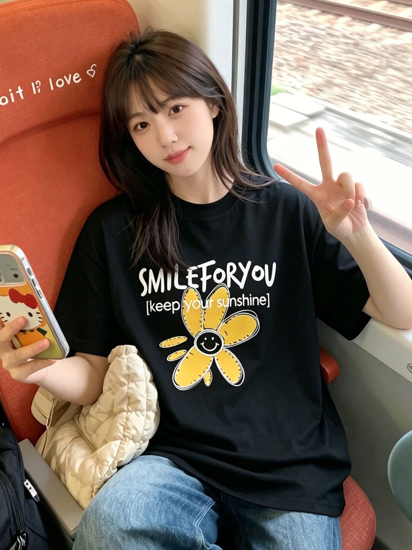 높은 품질 한국 스타일 순면 프린트 반팔 티셔츠 여성