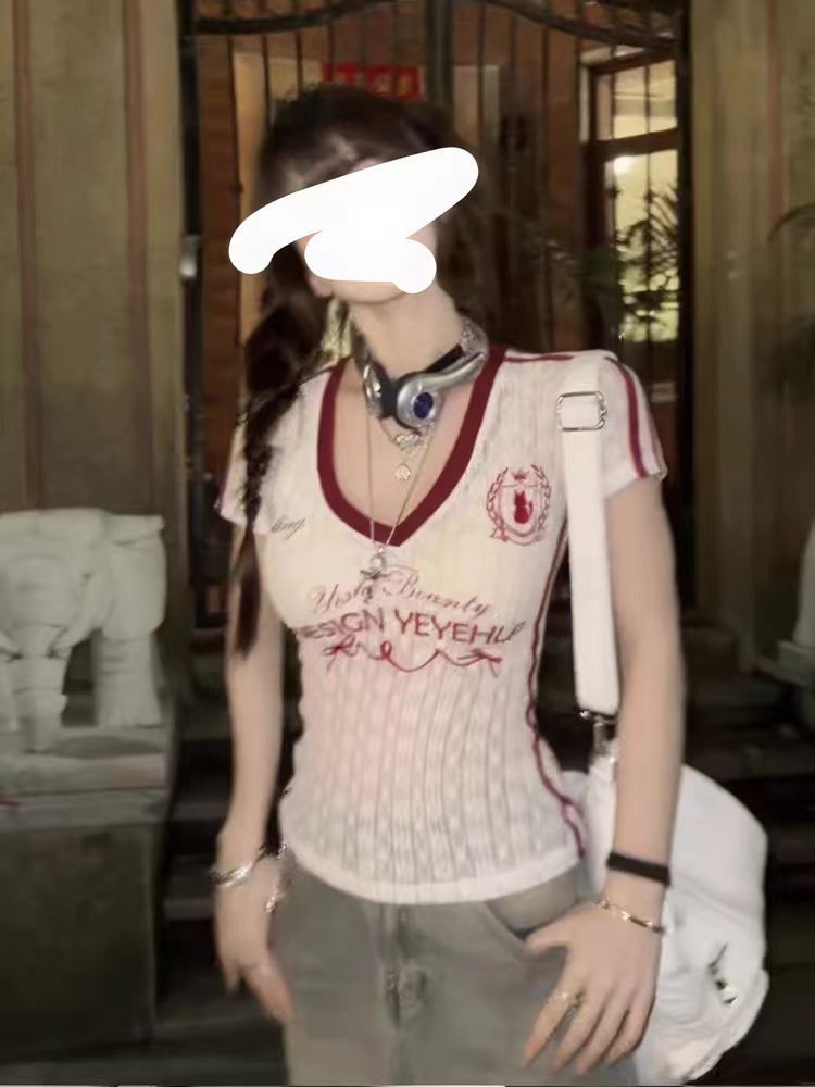 원본 원단 아메리칸 V넥 마이크로 ~을 통해 레이스 반팔 티셔츠 허리 수축 슬림해 보이는 달콤한 핫걸 맨위