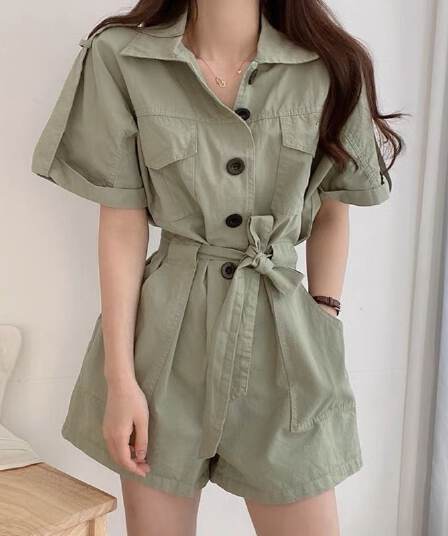 한국 chic 여름 새로운 폴로 칼라 더블 주머니 디자인 슬림해 보이는 싱글 줄 버튼 넓은 다리 워크웨어 올인원 바지 반바지 여성