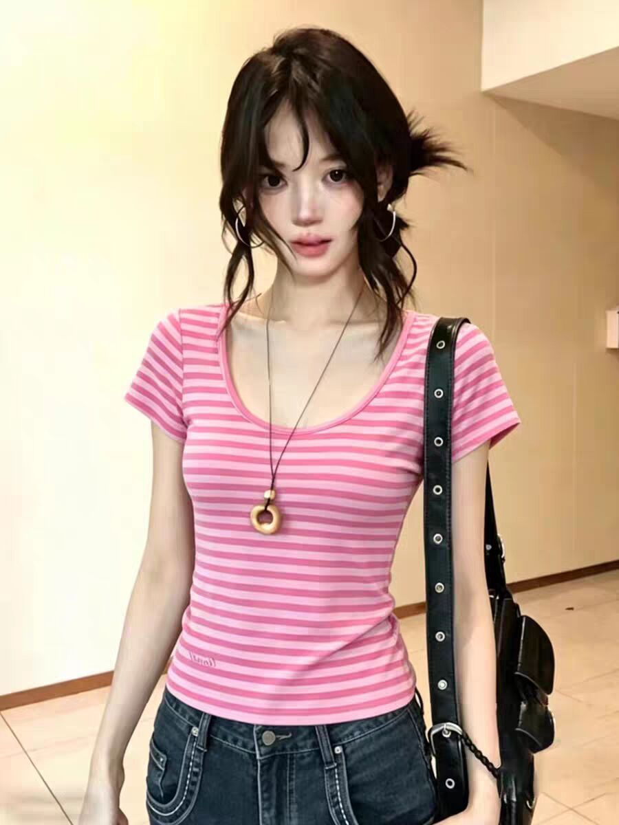 원본 컬러 짜임 기사 95 면 5 암모니아 Lun 아메리칸 레트로 스트라이프 배색 여름 반팔 티셔츠 여성