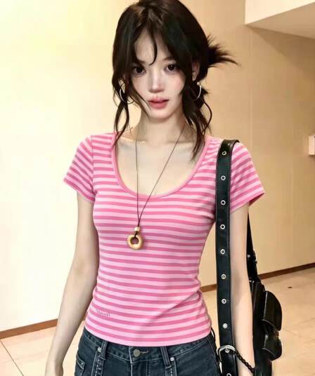 원본 컬러 짜임 기사 95 면 5 암모니아 Lun 아메리칸 레트로 스트라이프 배색 여름 반팔 티셔츠 여성