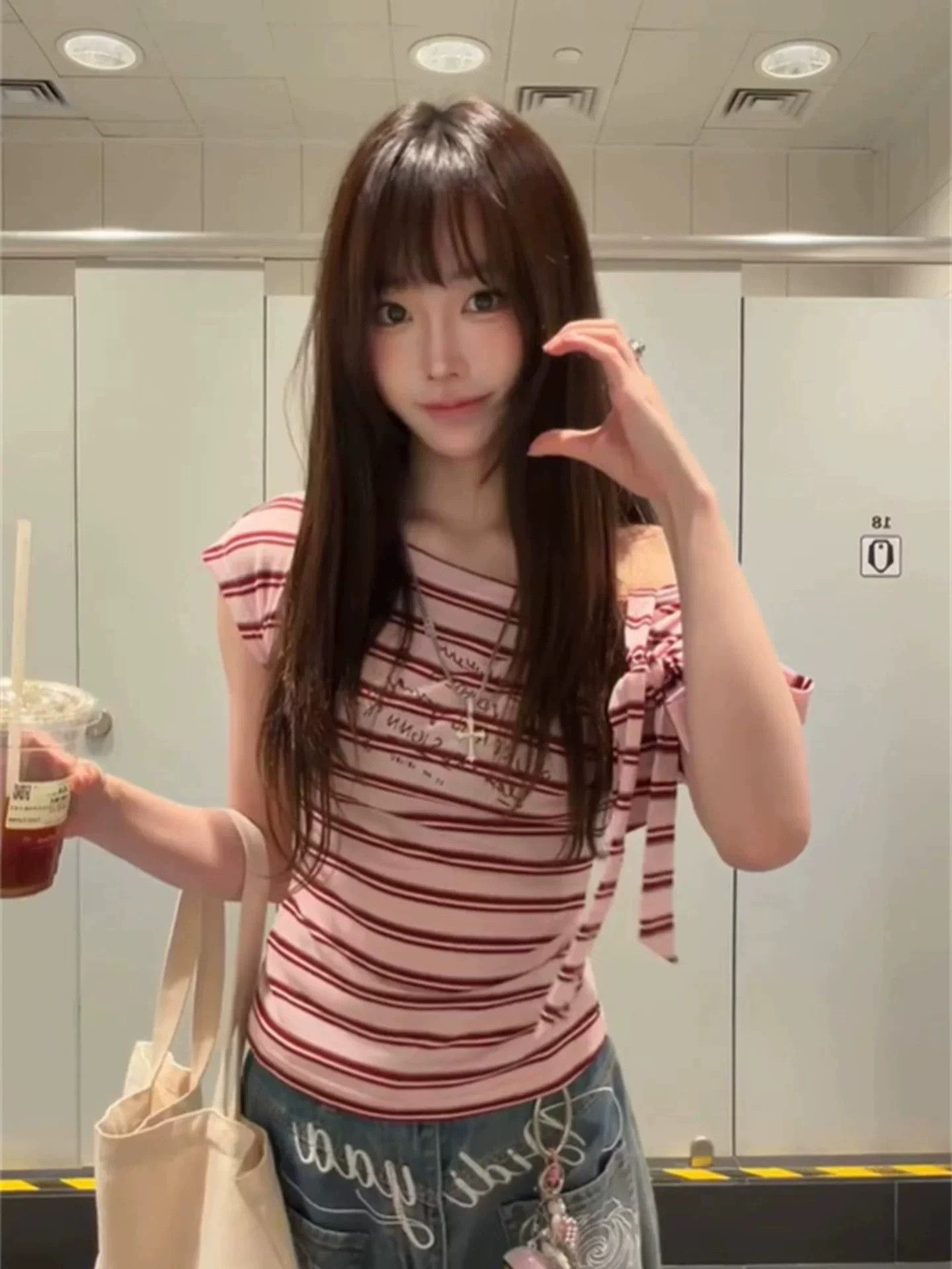 190 그램 오래된 돈 바람 반팔 티셔츠 몸매 가꾸기 쇼트 스타일 프린트 비스듬한 어깨 탈착식 스트랩