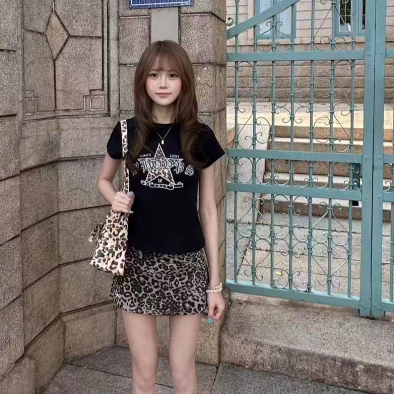 아메리칸 레트로 순면 프린트 몸매 가꾸기 반팔 티셔츠 여성