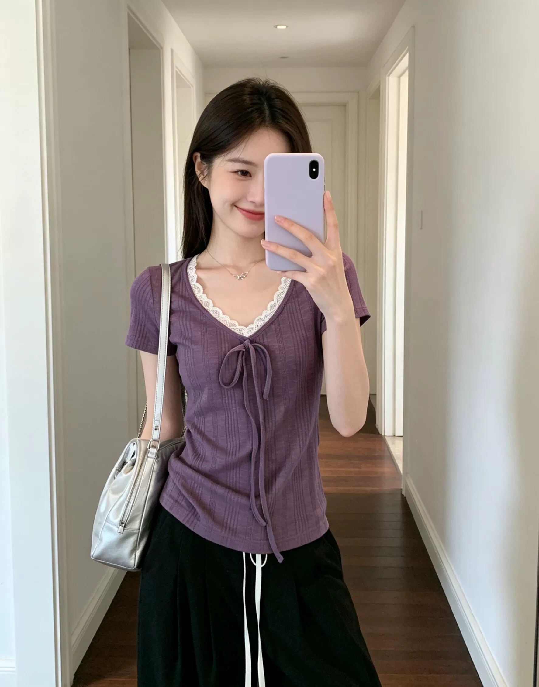 원본 원단 등나무 안개 언어 순수한 욕망 레이스 레이스 패치워크 V넥 반팔 티셔츠 여성 몸매 가꾸기 맨위