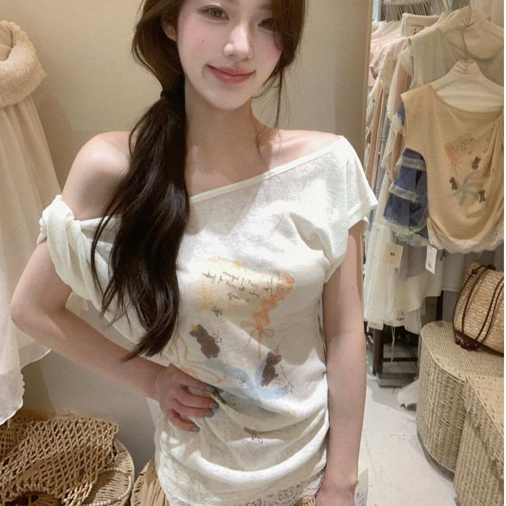 작은 대중 한 부서 프린트 비스듬한 어깨 반팔 티셔츠 여성 여름 디자인 센스 펌프 Pleat 허리 수축 슬림해 보이는 레이스 조각 맨위