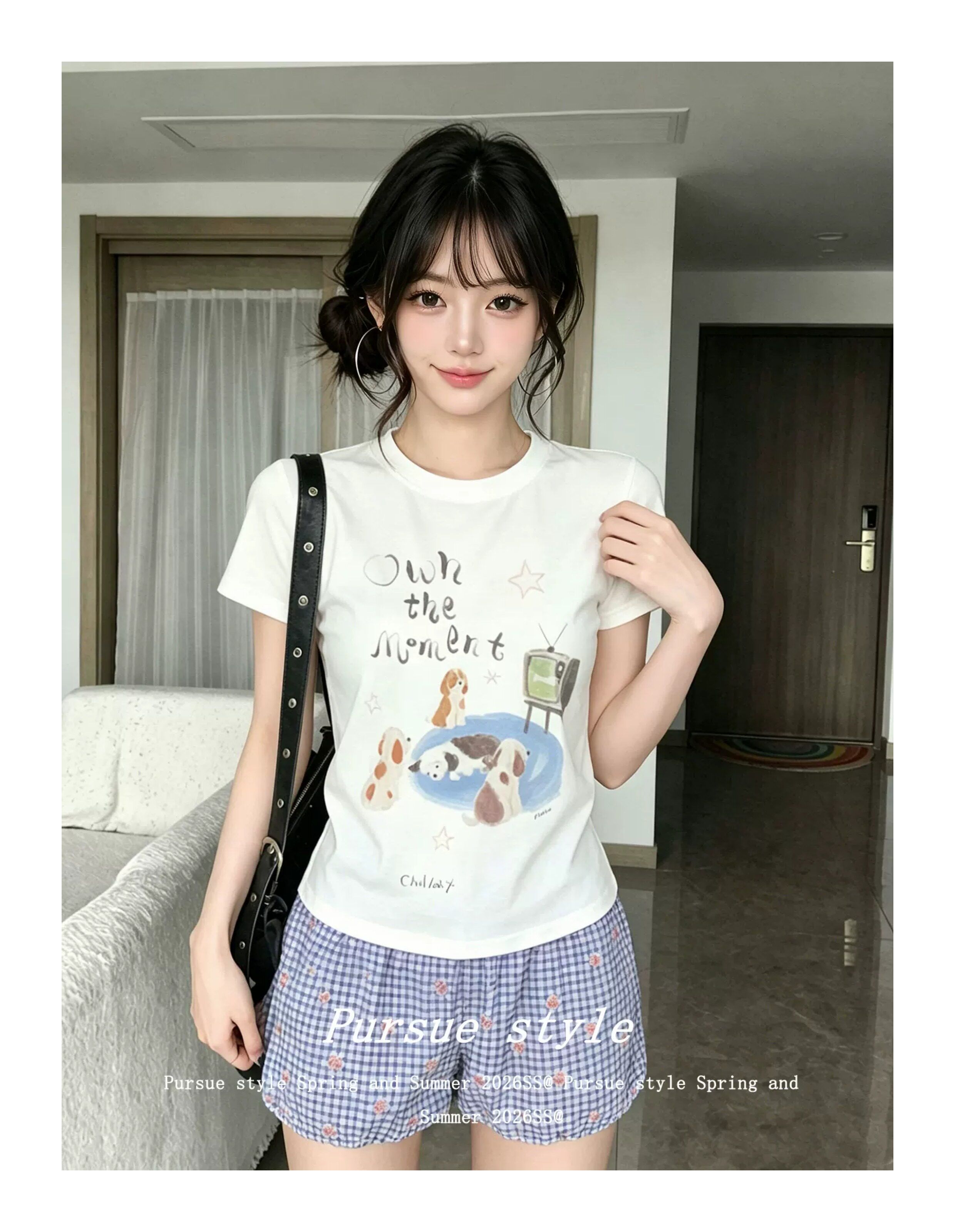 아메리칸 레트로 순면 프린트 몸매 가꾸기 반팔 티셔츠 여성