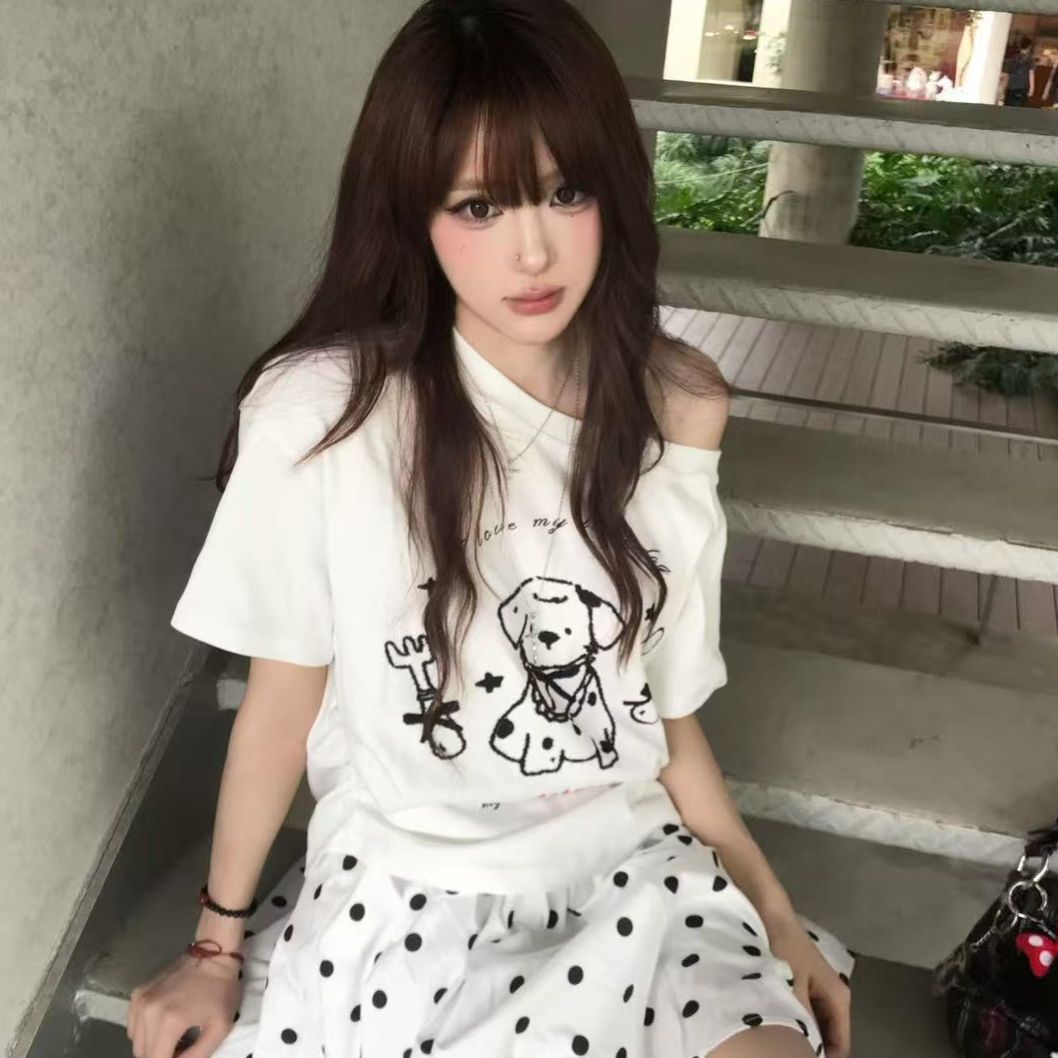 아메리칸 레트로 핫걸 비스듬한 어깨 알파벳 프린트 반팔 티셔츠 여성