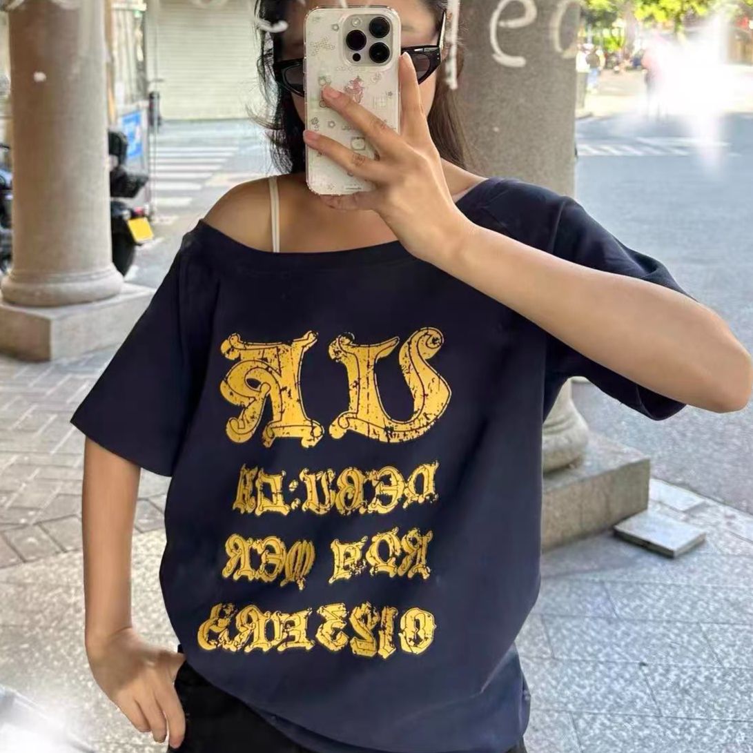 아메리칸 레트로 핫걸 비스듬한 어깨 알파벳 프린트 반팔 티셔츠 여성