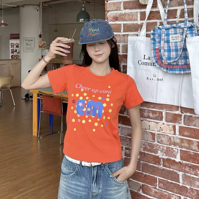 아메리칸 레트로 순면 프린트 몸매 가꾸기 반팔 티셔츠 여성
