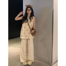 批发韩系蝴蝶结<b class='q'>印花</b>背心<b class='q'>衬衫</b>女夏季甜美宽松中长款无袖娃娃衫外穿上衣