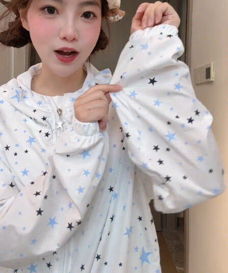 원본 솜씨 원본 원단 전체 인쇄 도트 무늬 지퍼 자외선 차단 외투 루즈핏 여성
