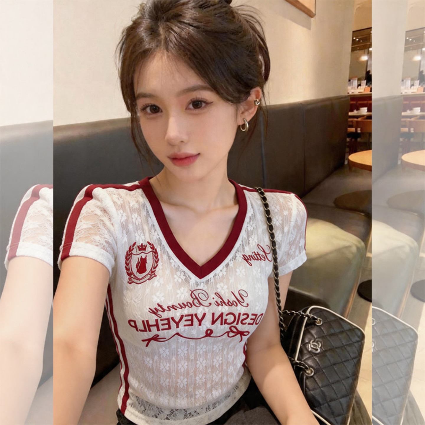 원본 원단 여름 새로운 아메리칸 핫걸 V넥 화이트 레이스 몸매 가꾸기 반팔 티셔츠 여성