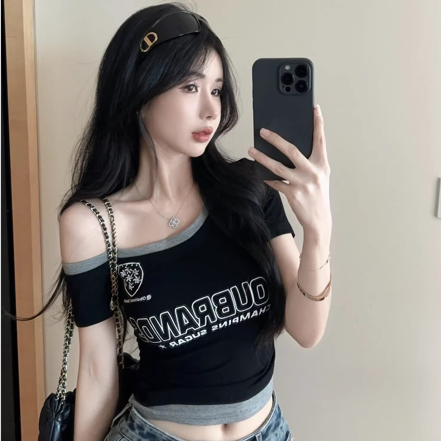 모달 260 그램 1 1 비스듬한 어깨 반팔 티셔츠 여성 아메리칸 핫걸 섹시함 맨위