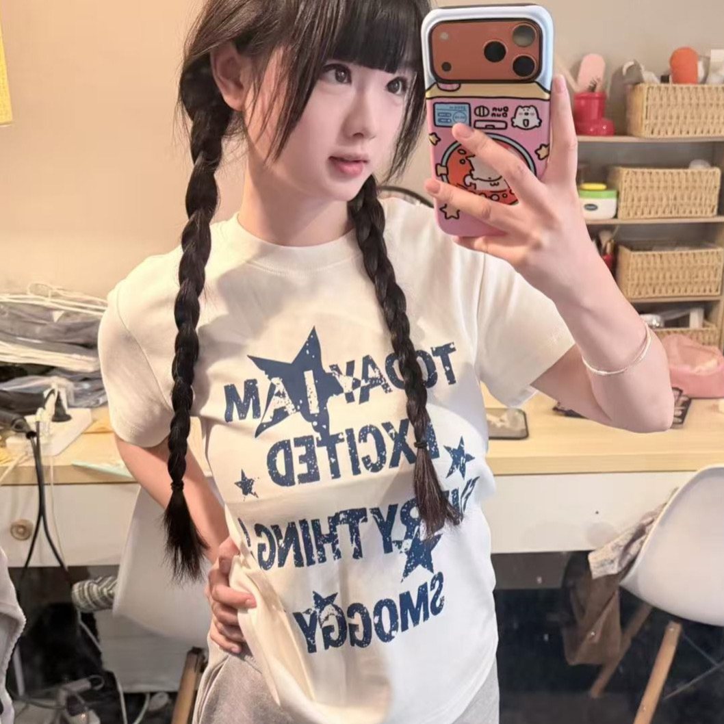 아메리칸 레트로 순면 프린트 몸매 가꾸기 반팔 티셔츠 여성