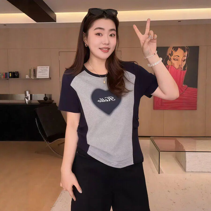 빅 사이즈 지방 mm 배색 하트 프린트 디자인 티셔츠 여성 여름 새로운 부드럽다 슬림해 보이는 표지 고기 맨위