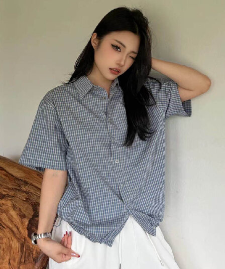 높은 품질 아메리칸 긍정적 인 어깨 체크무늬 반팔 셔츠 여름 체크무늬 반소매 셔츠 레트로 캐주얼 새로운 맨위 여성