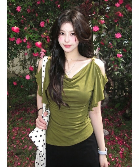 아름다운 녹색 흔들다 칼라 오프숄더 반팔 티셔츠 여성 여름 프릴 몸매 가꾸기 슬림해 보이는 꼬집기 허리 위로 의류