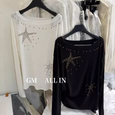 批发天丝罗纹+烫铜珠 设计烫钻五角星斜肩防晒外穿罩衫<b class='q'>长袖</b>上衣女潮