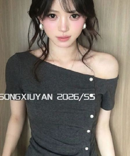 40 모달 와 사고 방식 1 1 레트로 소녀 센스 보트넥 오프숄더 티셔츠 디자인 센스 단추 비스듬한 어깨