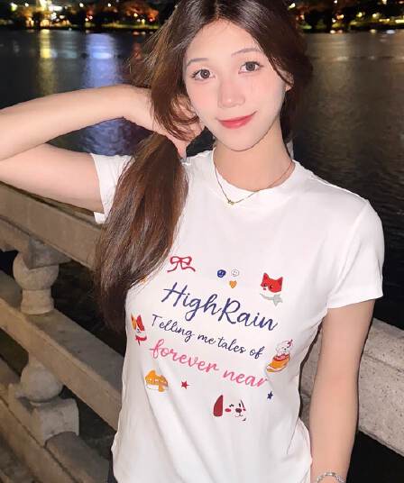 아메리칸 레트로 순면 프린트 몸매 가꾸기 반팔 티셔츠 여성