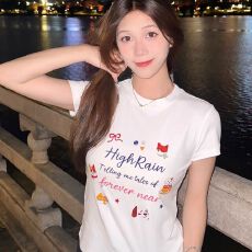 美式复古纯棉印花修身短袖t恤女