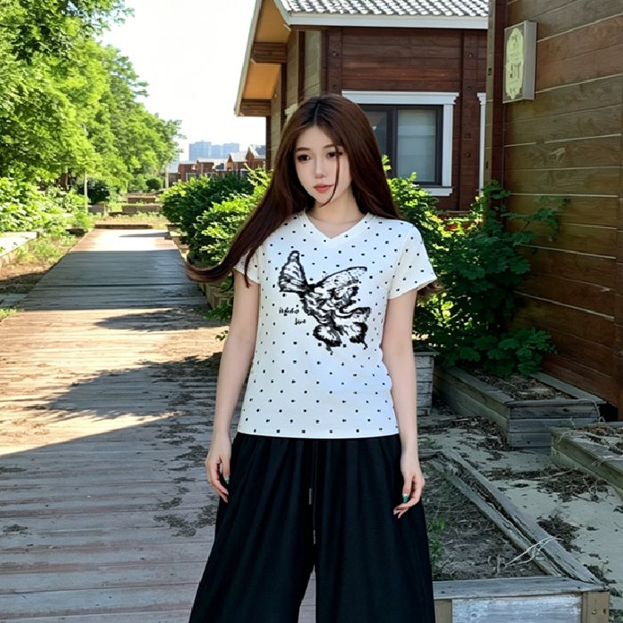 여름 새로운 한 부서 V넥 도트 무늬 패션 긍정적 인 어깨 프린트 섹션 반팔 티셔츠