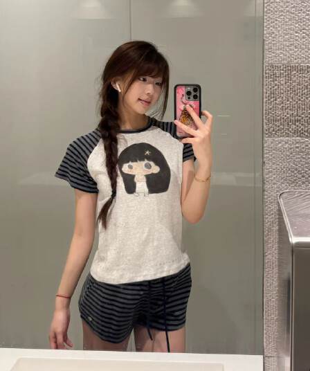 220 그램 92 면 8 암모니아 Lun 컬러 짜임 스트라이프 한국 스타일 새로운 패치워크 색상 반팔 티셔츠 맨위 여성