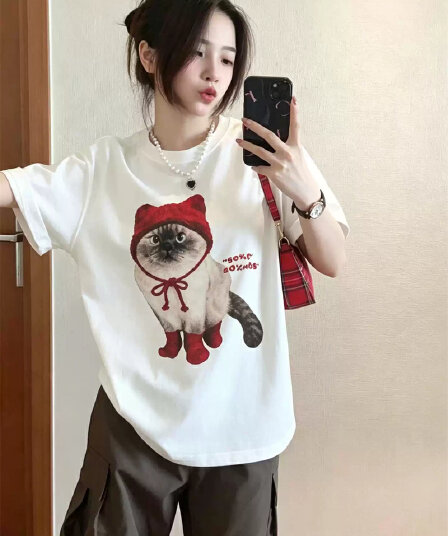 21 순면 210 그램 한국 스타일 여름 드레스 프린트 반팔 티셔츠 여성