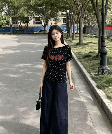 여름 새로운 한 부서 도트 무늬 비스듬한 칼라 오프숄더 프린트 섹션 반팔 티셔츠 여성