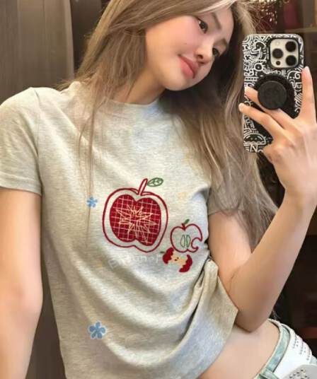 아메리칸 레트로 프린트 긍정적 인 어깨 라운드 넥 반팔 티셔츠 여성