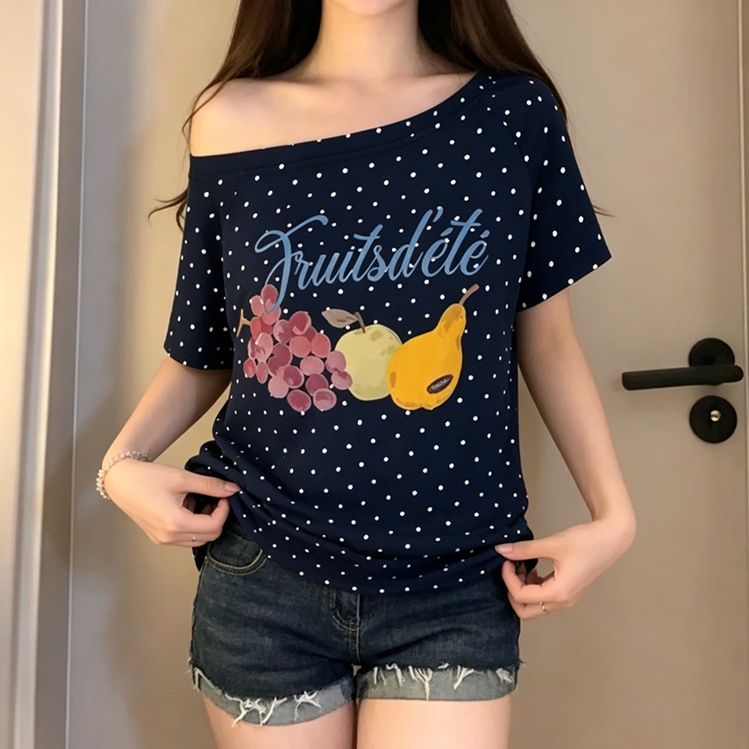 여름 새로운 한 부서 도트 무늬 비스듬한 칼라 오프숄더 프린트 섹션 반팔 티셔츠 여성