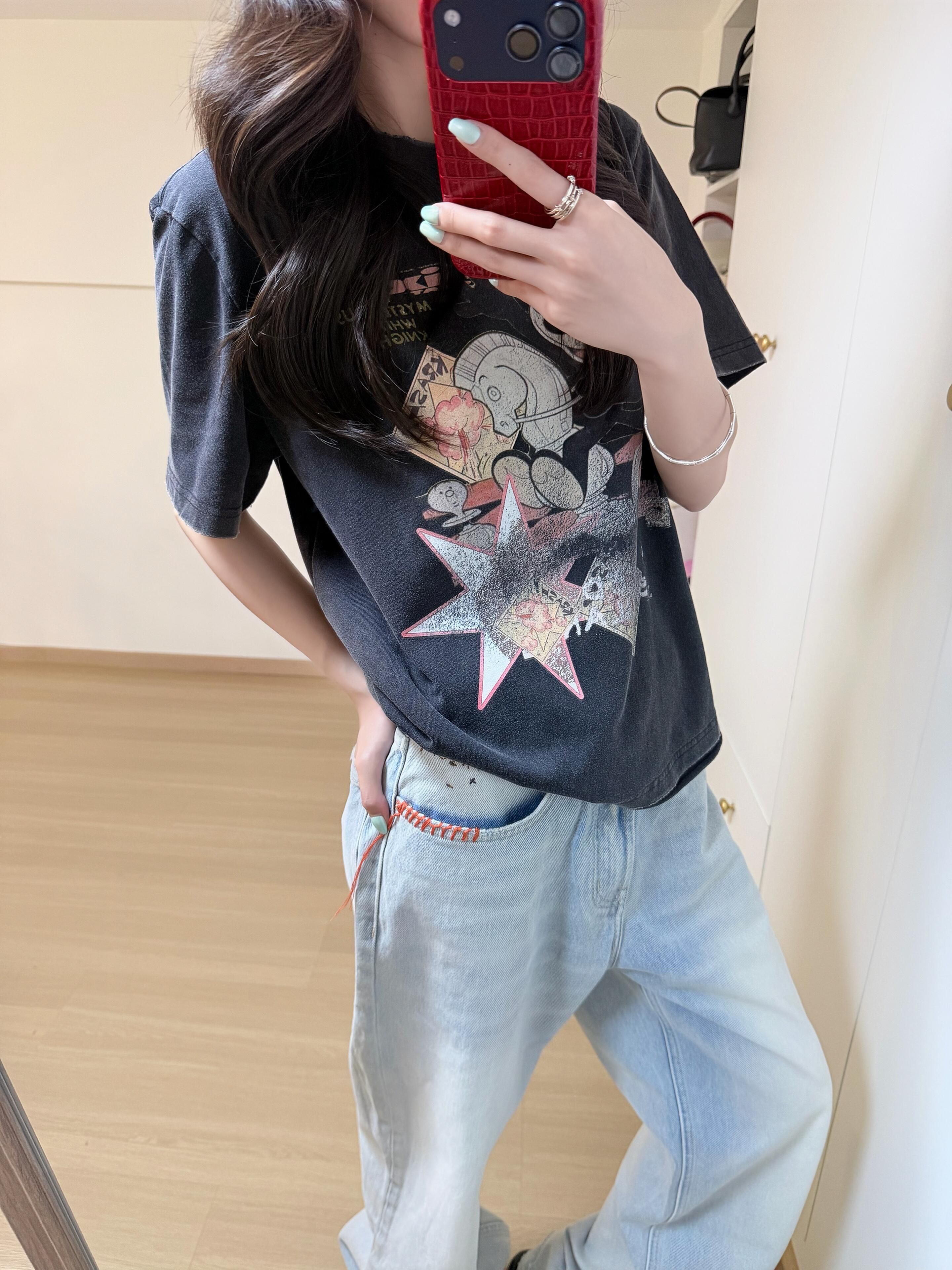 220 그램 순면 이후 패키지 칼라 워싱 마 오래된 아메리칸 레트로 oversize 반팔 티셔츠 여성 여름 ins 조수 브랜드