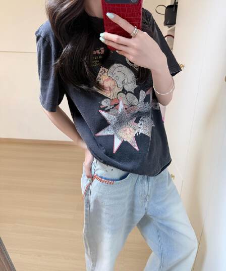 220 그램 순면 이후 패키지 칼라 워싱 마 오래된 아메리칸 레트로 oversize 반팔 티셔츠 여성 여름 ins 조수 브랜드