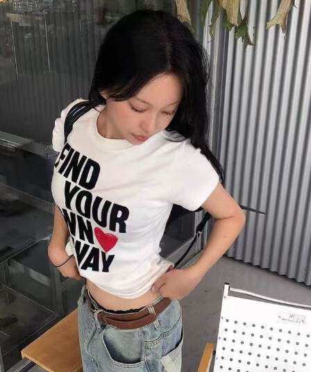 한국 스타일 순면 프린트 몸매 가꾸기 반팔 티셔츠 여성