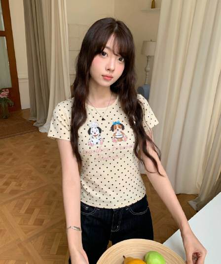210 그램 좋은 면 아메리칸 도트 무늬 프린트 반팔 티셔츠 여성 여름 새로운 느긋한 작은 셔츠 긍정적 인 어깨 허리 수축 작은 맨위