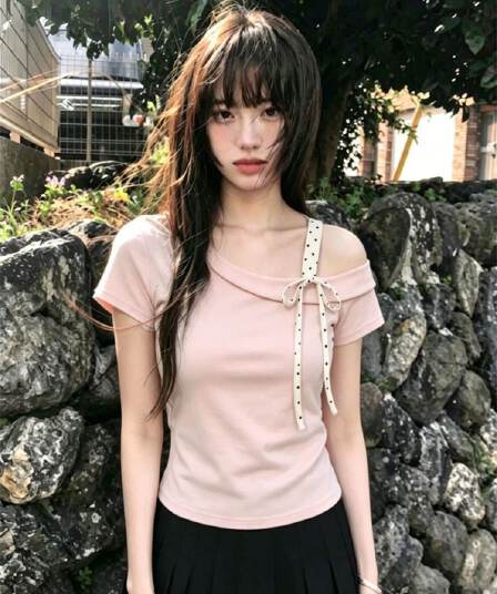 40 순면 양면 칫솔질 프랑스식 나비 매듭 비스듬한 칼라 오프숄더 슬립 티셔츠 작은 키 몸매 가꾸기 쇼트 스타일 반팔