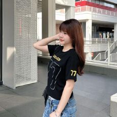 批发美式复古印花短袖t恤女夏季修身显瘦休闲上衣
